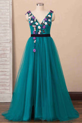 Elegant V-Neck Teal Long Prom Dress with Embroidery